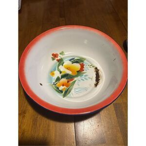 Vintage Large Floral Pattern Enamel Tin Serving Bowl Retro 12.5” repurposed